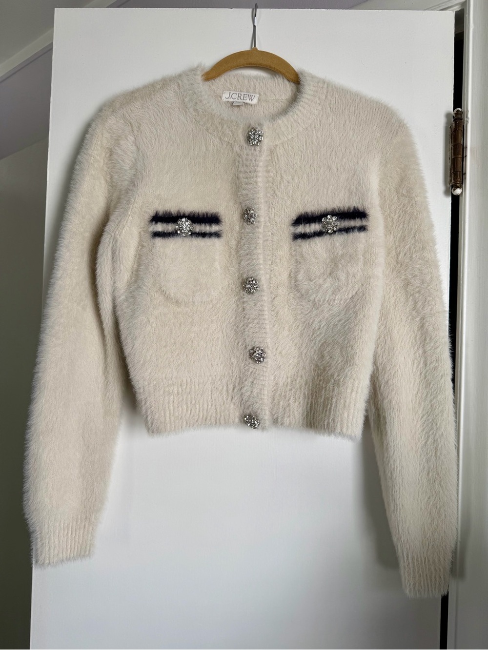 J.Crew Ivory Fuzzy Cropped Cardigan with Rhinestone Buttons Navy Stripes Small